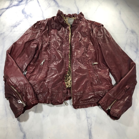 Nordstrom Kenna-T Burgundy Ruffle Leather Jacket - Picture 3 of 8